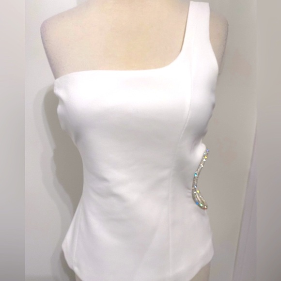 ZARA White One Shoulder Top With Rhinestone Trim Cut Out Detail - Size S (M) NEW - Picture 3 of 7